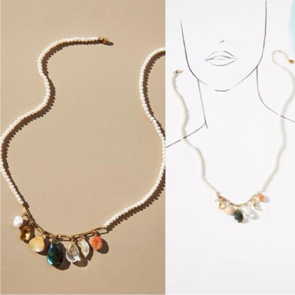 Chan Luu White Pearl Necklace with Multicolor Stone Charms